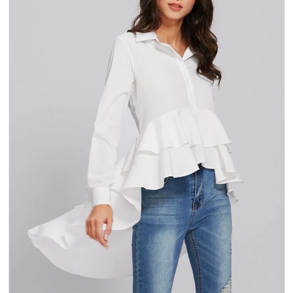 Tops - White High Low Ruffles Hem Button Down Blouse
